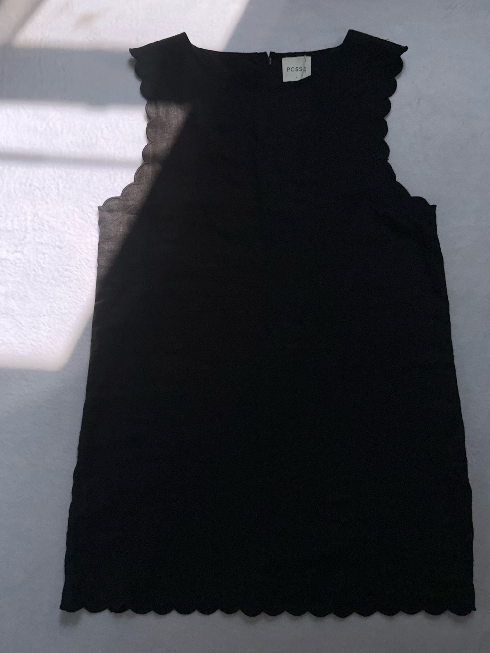 POSSE Zayla Scalloped Linen Mini Dress Black Sleeveless Shift Size L